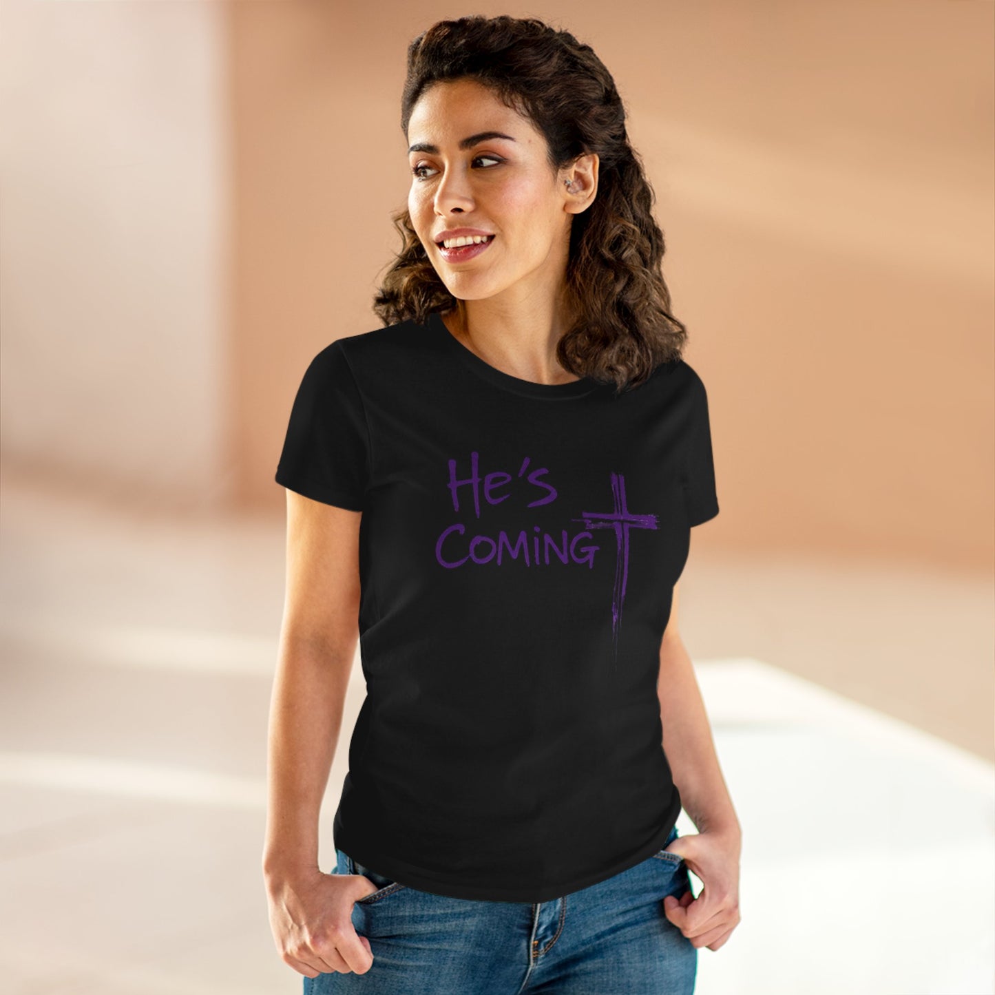 He's Coming Soon – Women’s Softstyle Christian Tee with Cross Design