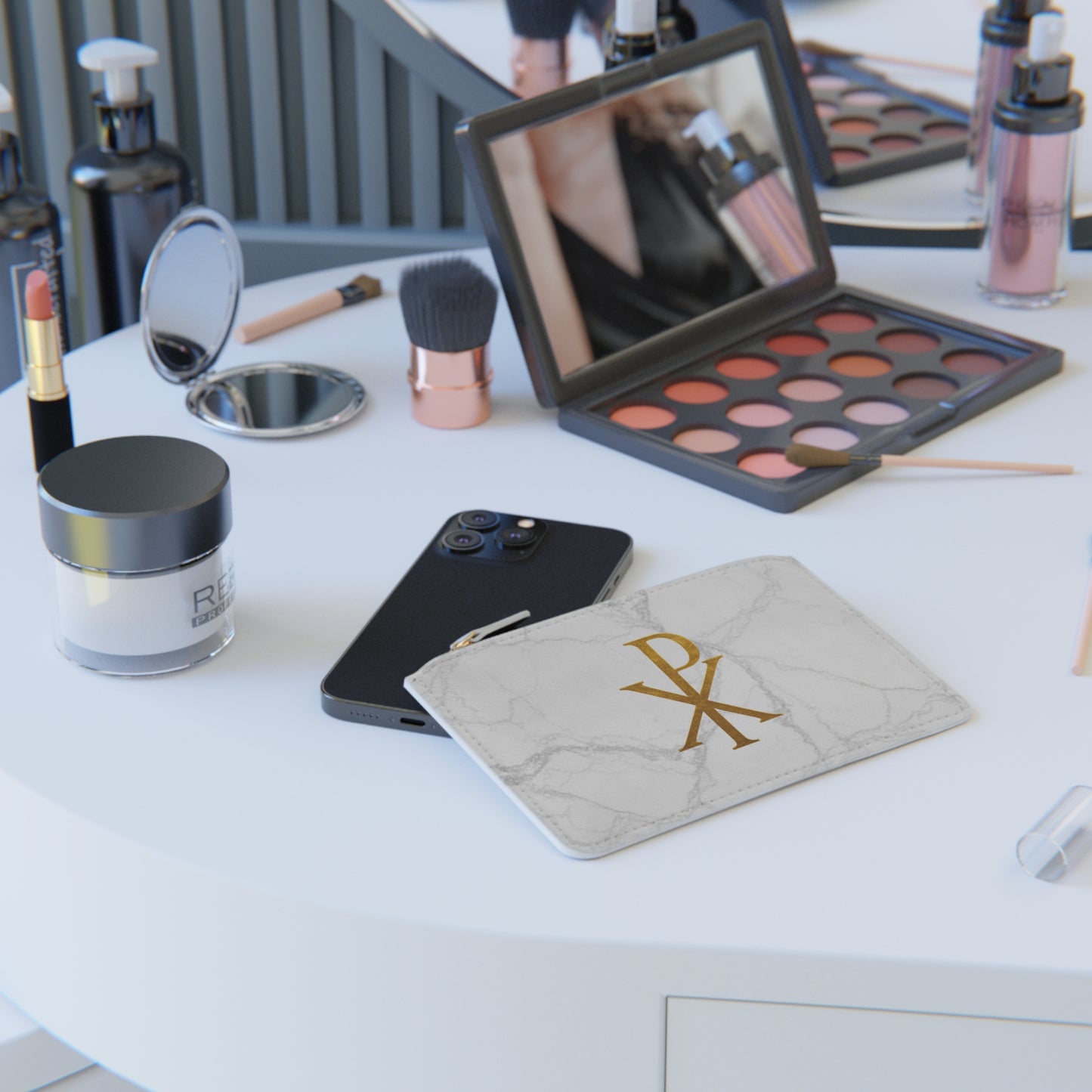 “Divine Seal” | Women’s Mini Clutch on Marble – Gold Chi Rho Elegance