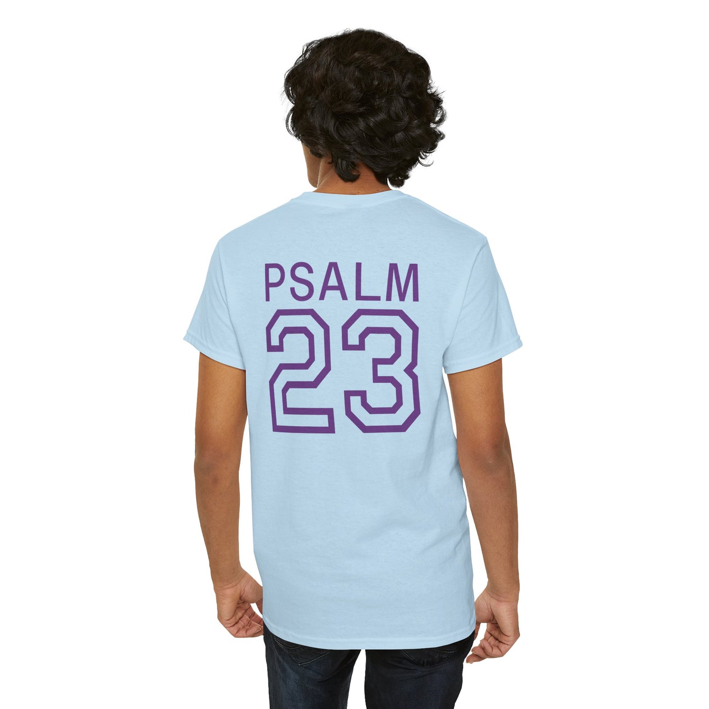 Psalm 23 Men’s T-Shirt – Inspired Sports-Style Shirt (Purple Lettering)