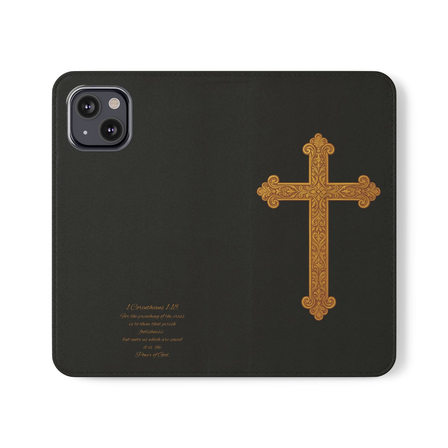 Black with Gold Cross & 1 Corinthians 1:18 - iPhone Flip/Wallet Phone Case