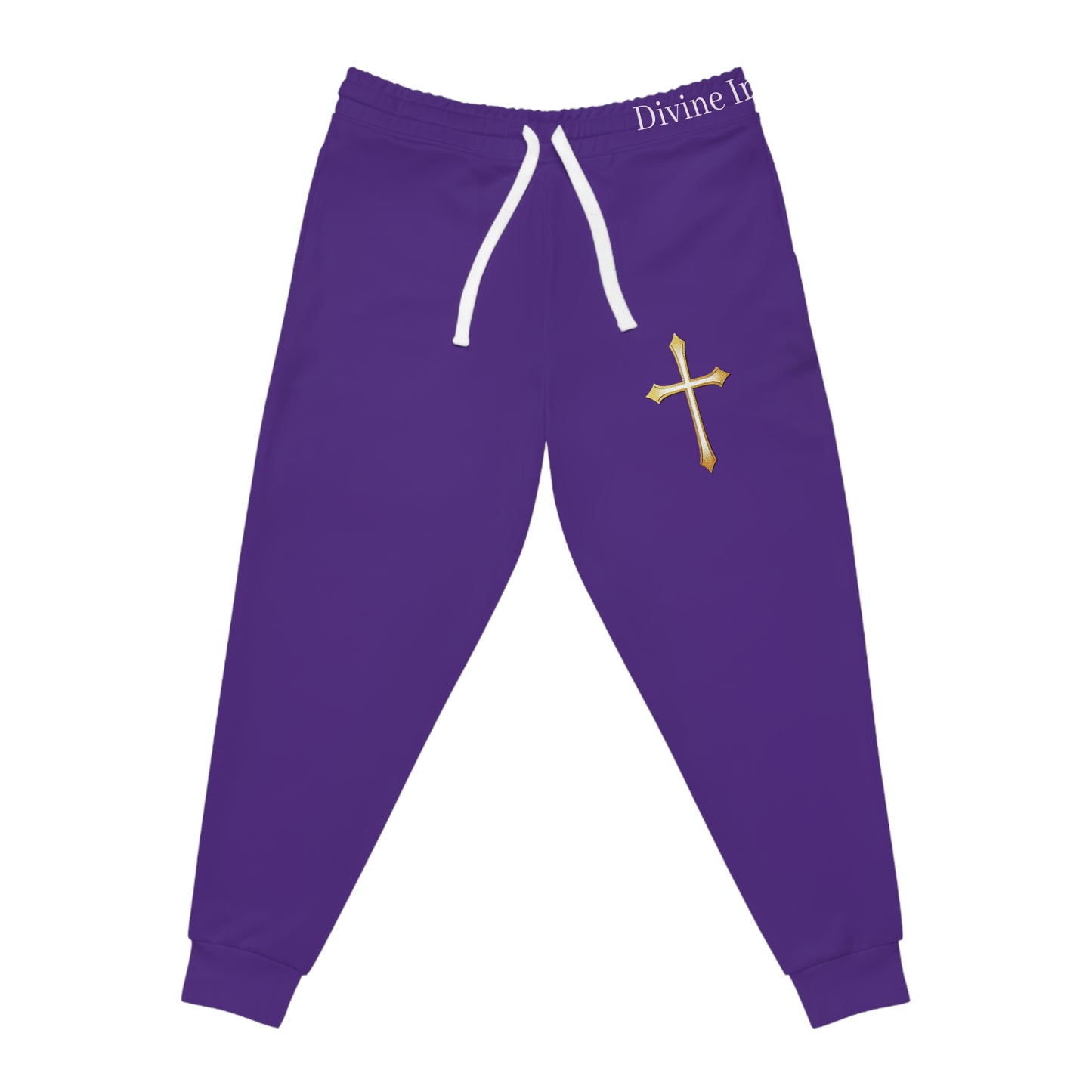 Men’s Modern Gold Cross Jogger Pants in Purple – Comfortable Faith-Inspired Style