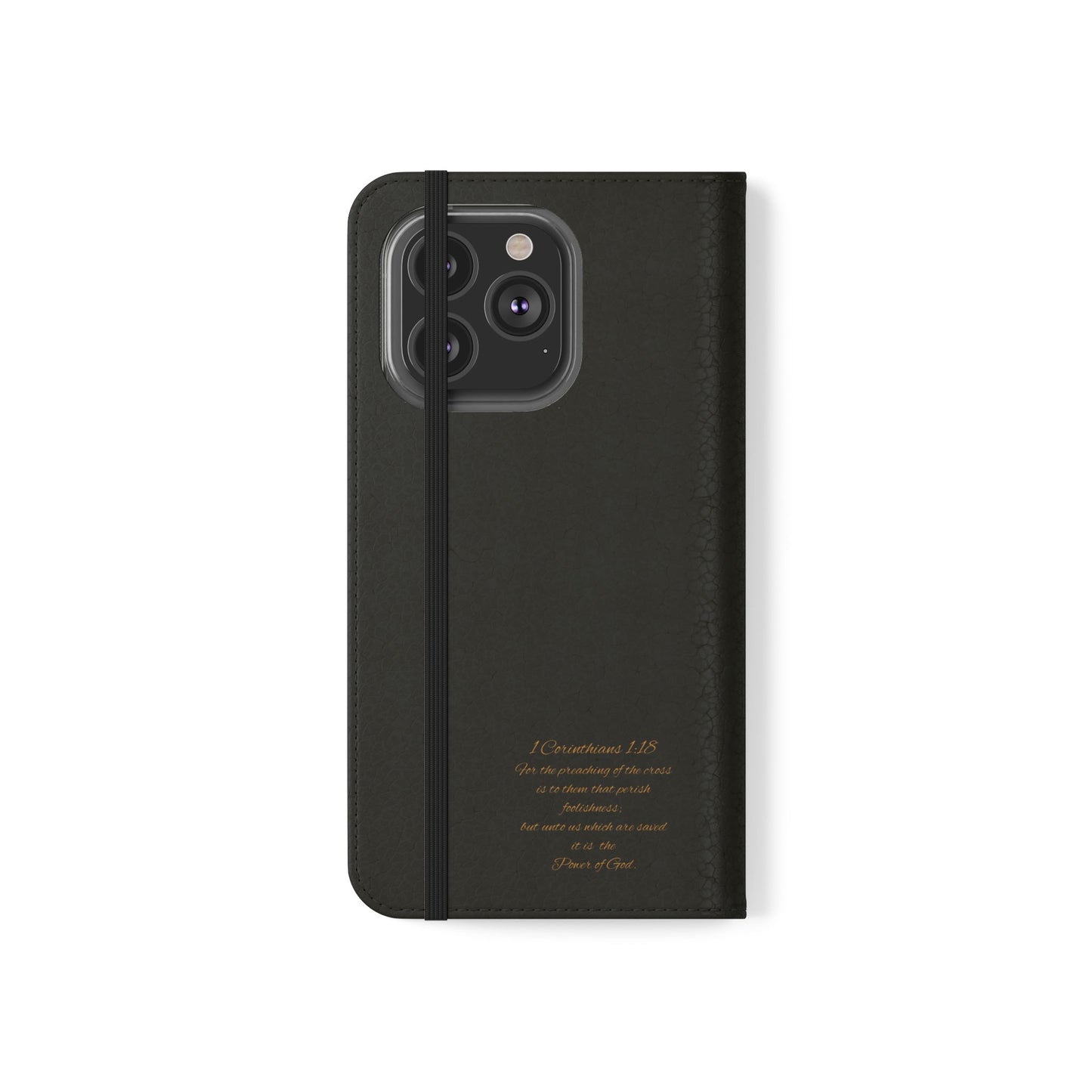 Black with Gold Cross & 1 Corinthians 1:18 - iPhone Flip/Wallet Phone Case