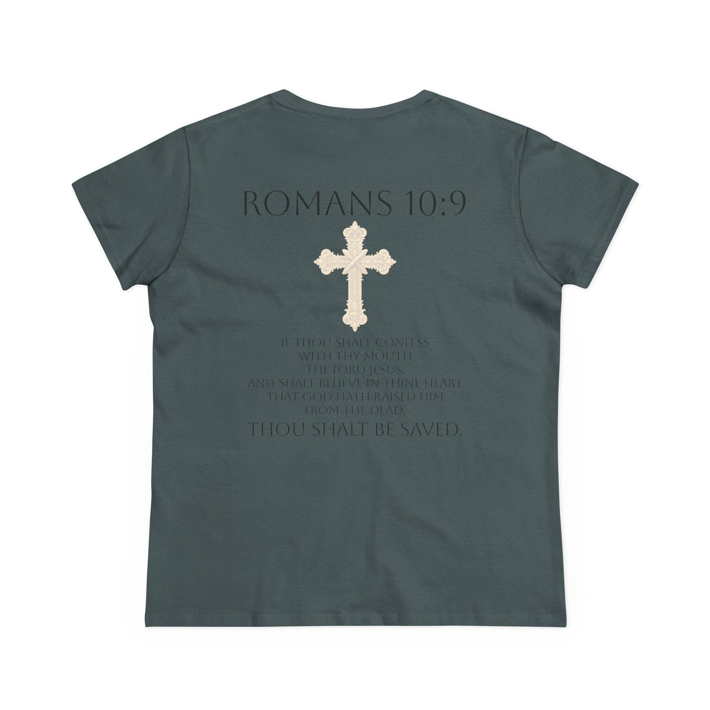 Saved & Sure – Women’s Softstyle Faith Tee (Romans 10:9) (Dark Lettering)