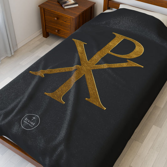 Eternal Glory Plush Blanket – Gold Chi Rho on Black