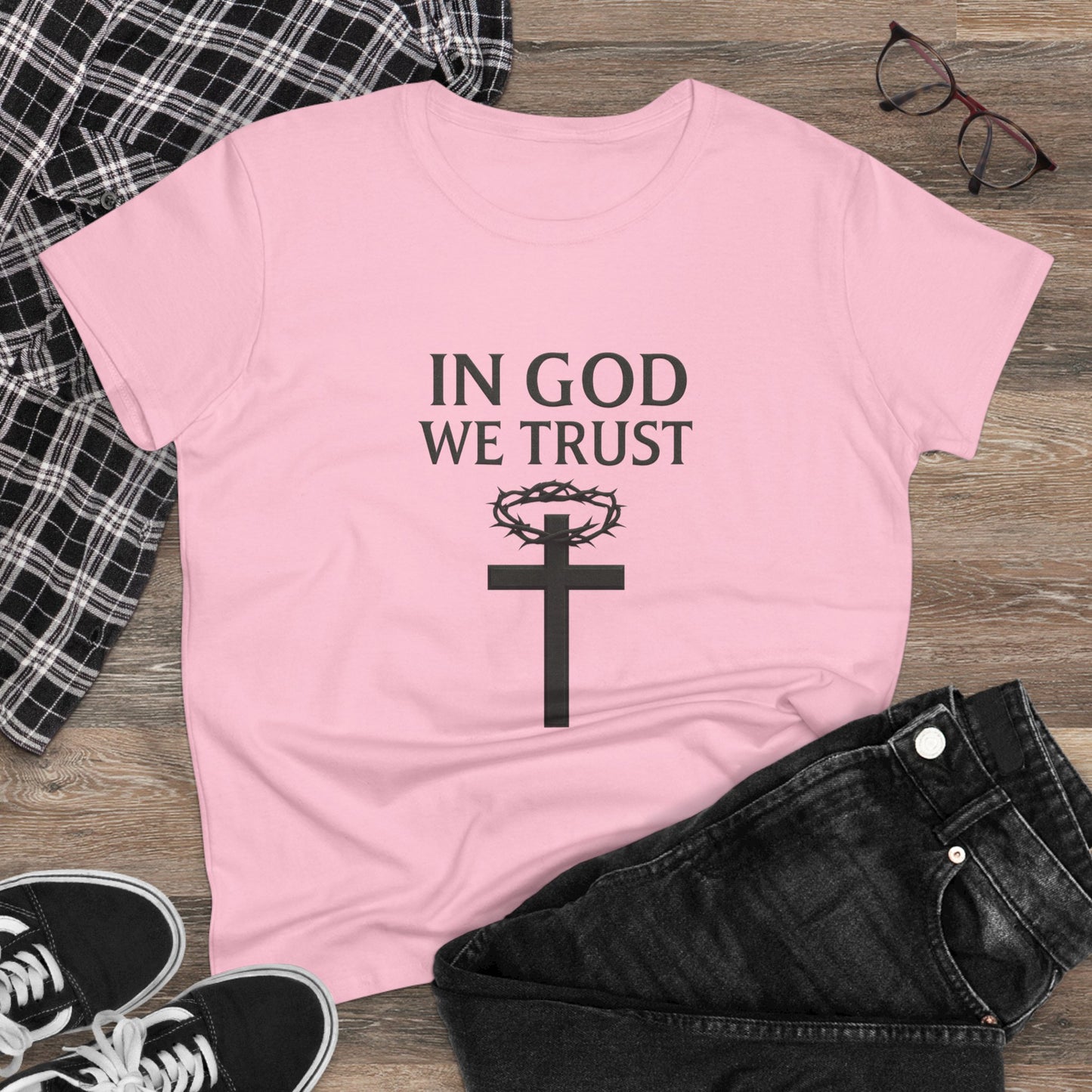 In God We Trust – Women’s Bold Faith Tee with Cross & Crown of Thorns
