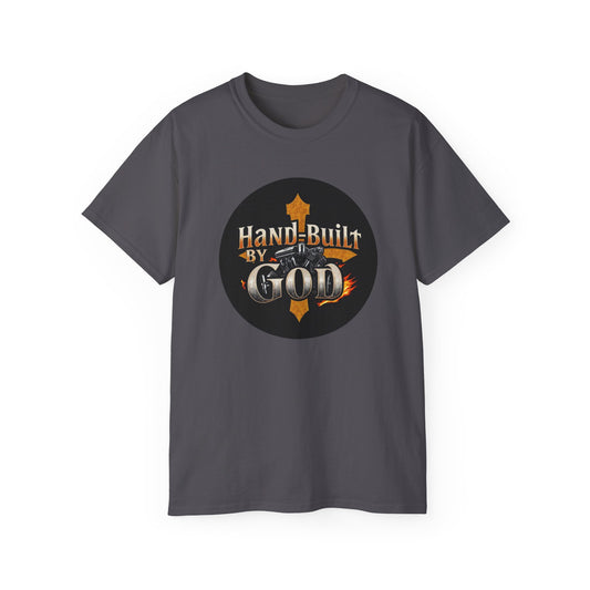 Hand Built by God Men’s Christian Tee – Cross & Engine Design