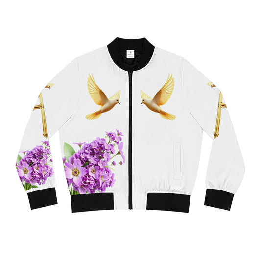 Heavenly Ascent – Gold Cross & Doves Women’s Bomber Jacket
