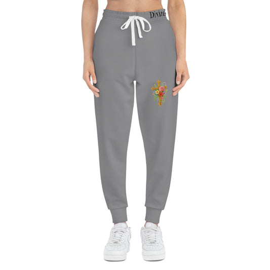 Blooming Faith Women's Jogging Pants in Grey with Floral Cross Design