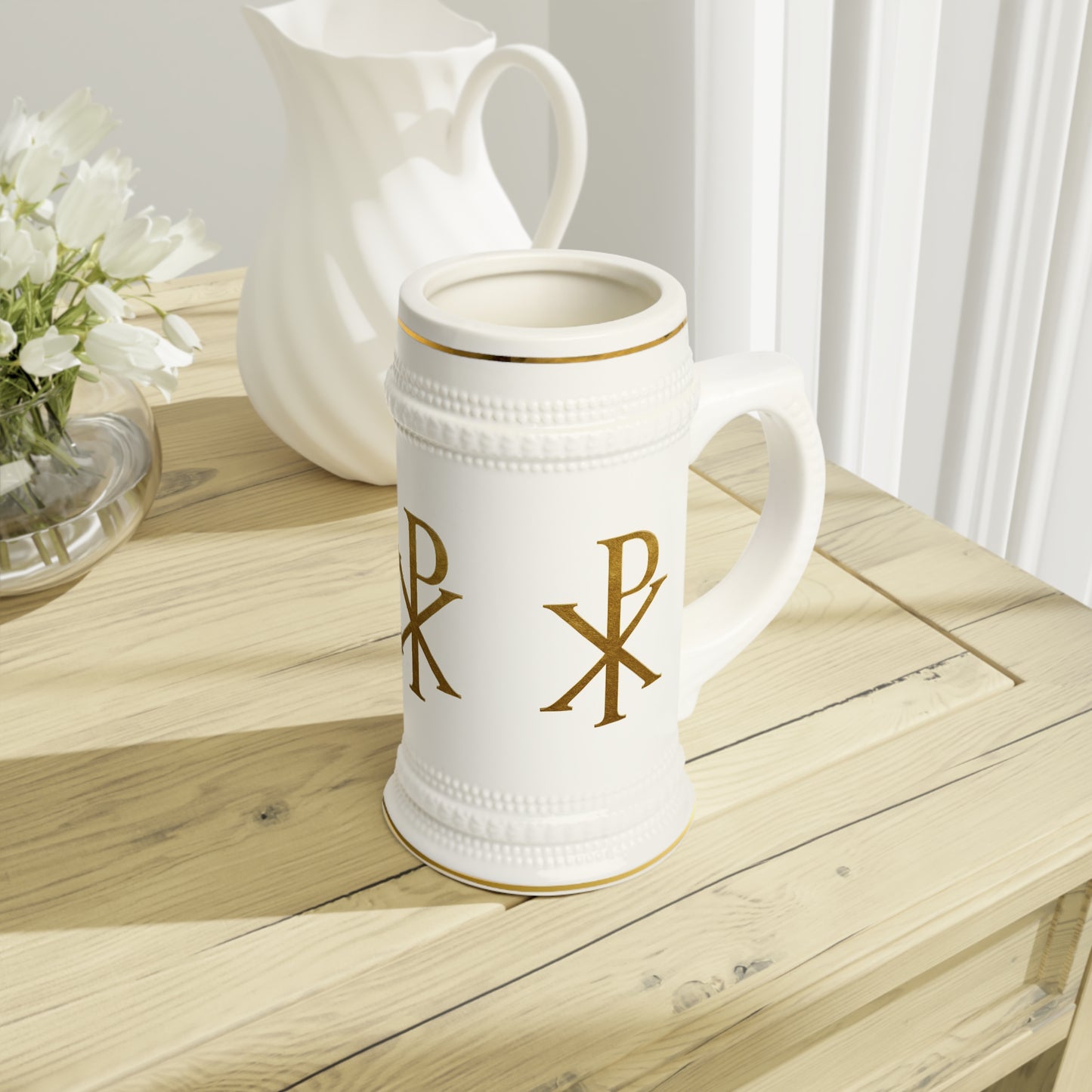 Gold Chi Rho Christian Beer Stein – 22 oz Ceramic Faith Stein