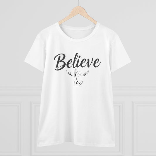 Believe – Women’s Christian Tee with Praying Hands & Romans 10:9