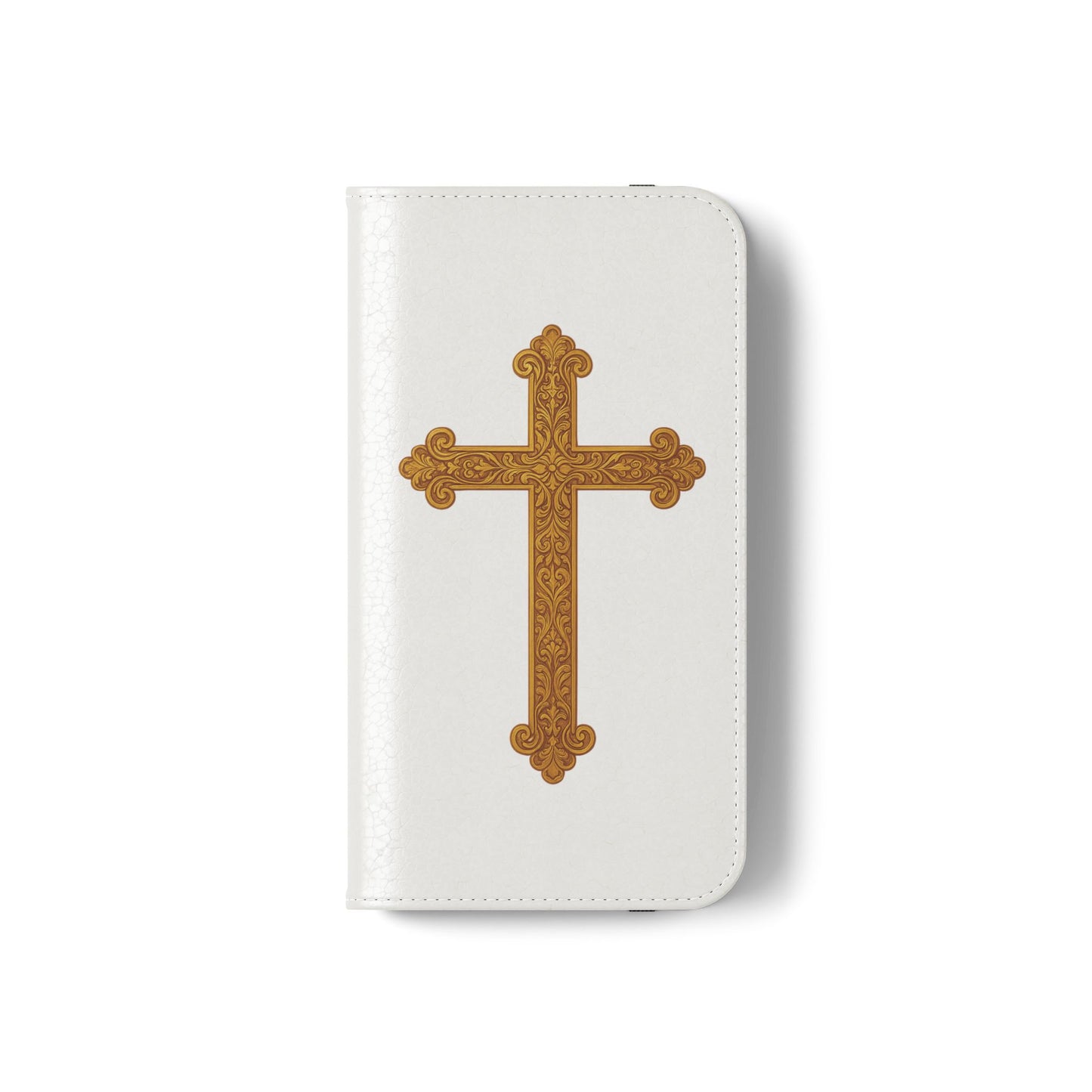 White Wallet Case – Gold Cross with 1 Corinthians 1:18 for iPhones