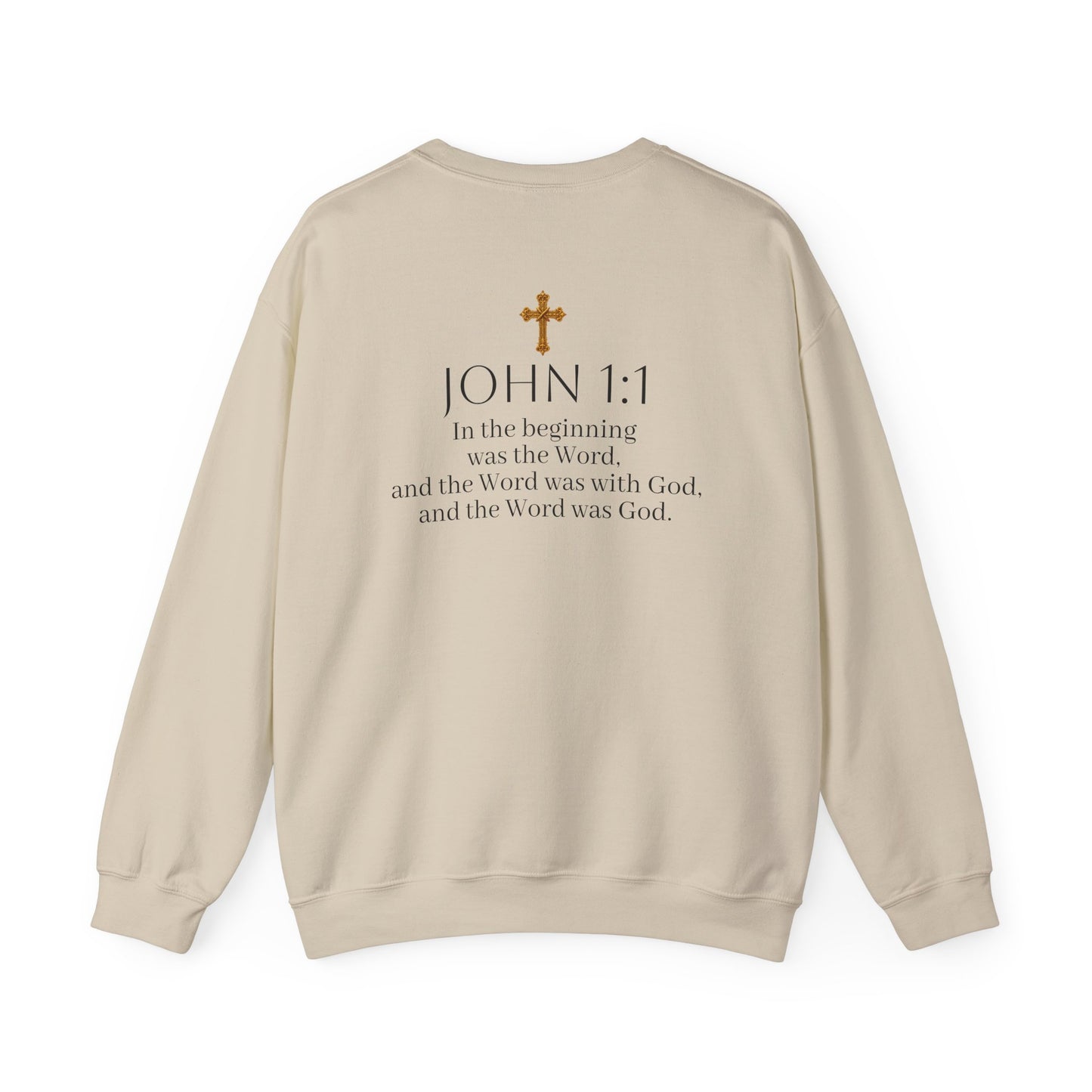 “The Word Eternal” – Men’s Christian Sweatshirt with Bold Dark Lettering (John 1:1)