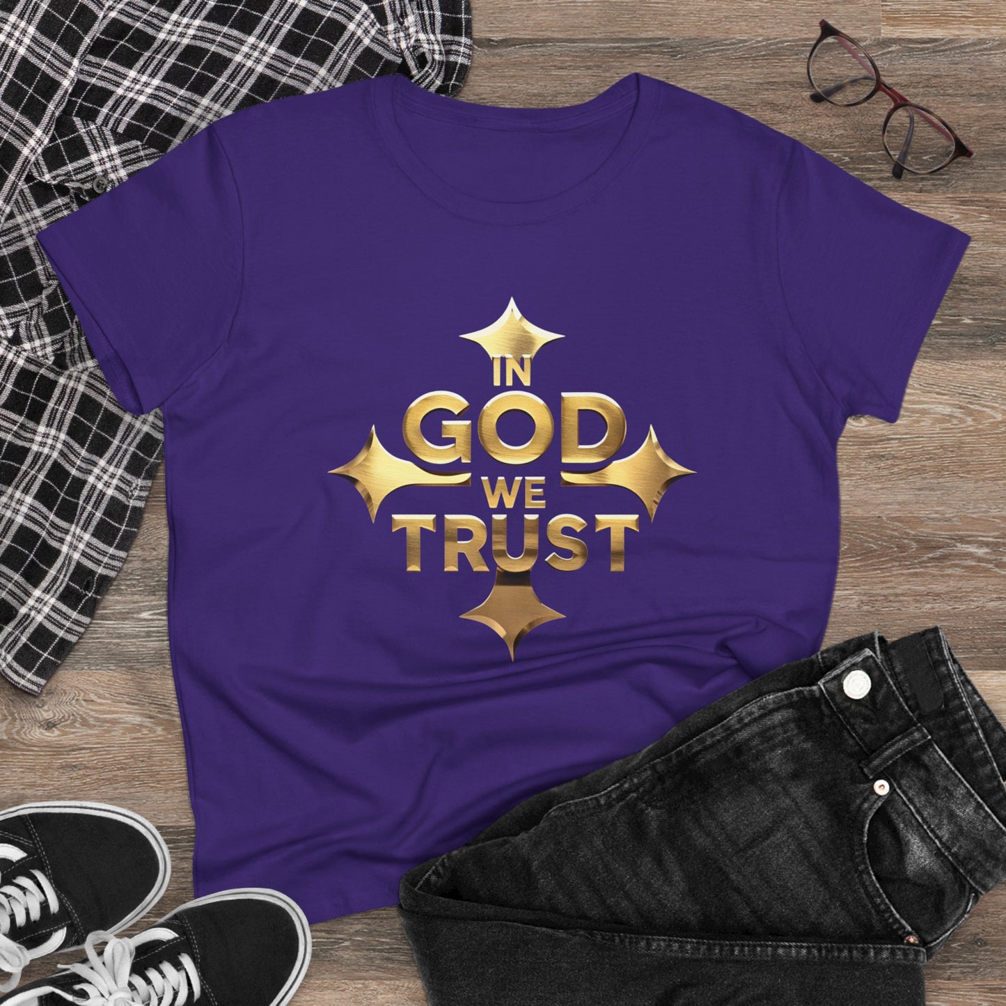 Grace & Glory – Women’s “In God We Trust” Cross Tee