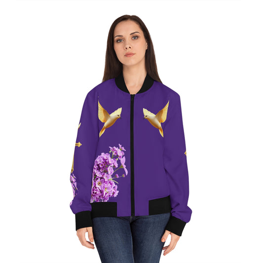 Heavenly Ascent – Gold Cross & Doves Women’s Bomber Jacket in Purple