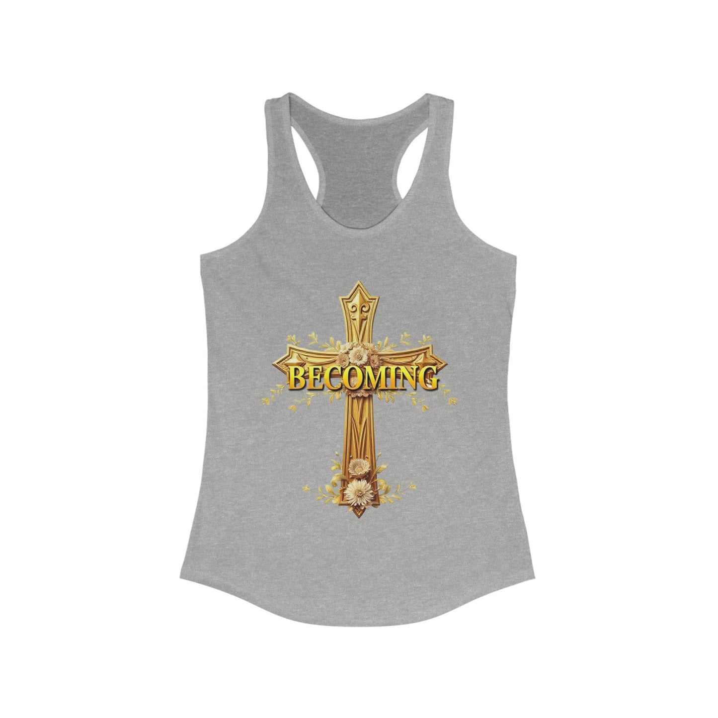 Becoming Women’s Racerback Tank – Gold Cross Edition (1 Corinthians 15:49)