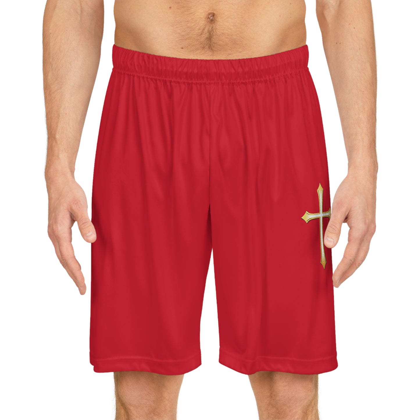 Men’s Modern Gold Cross Basketball Shorts in Red – Sleek Faith-Inspired Design