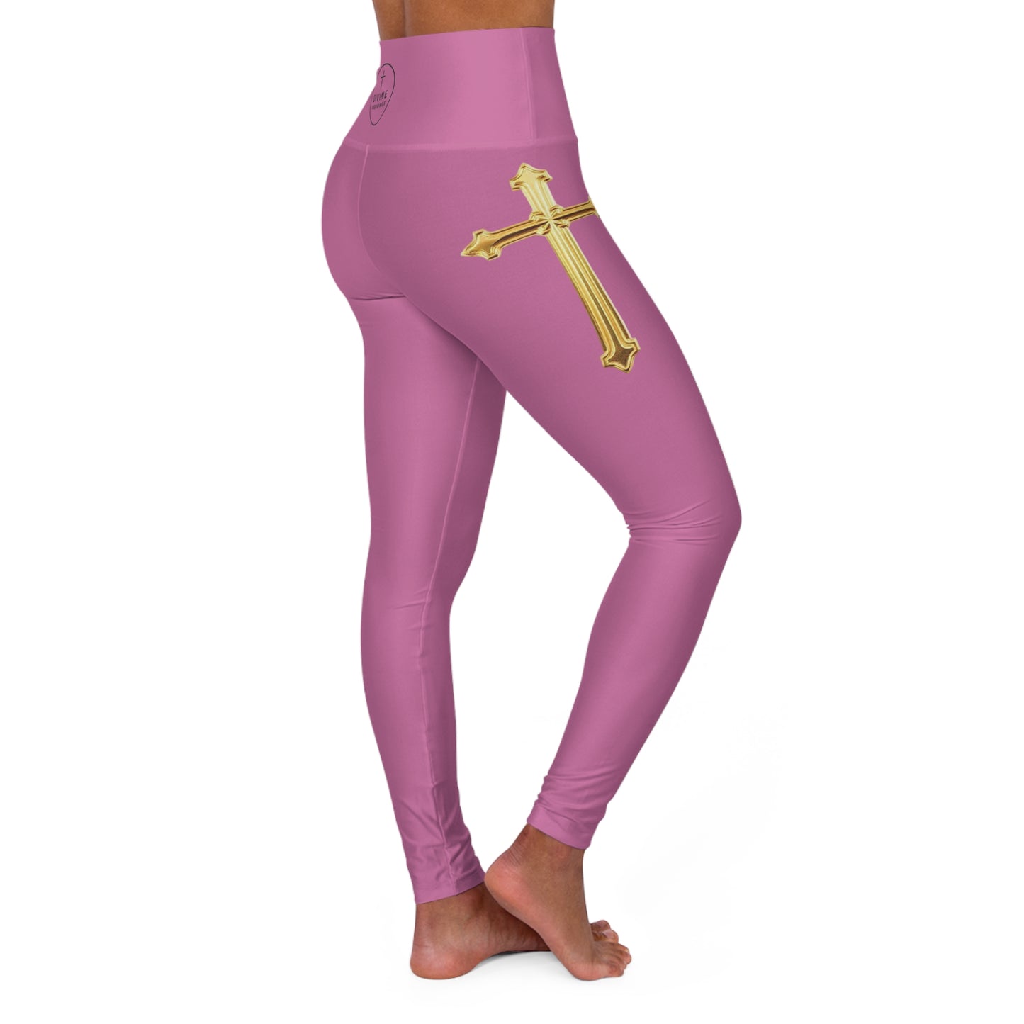 Gold Cross Women’s High-Waisted Yoga Leggings in Pink – Symbol of Eternal Victory