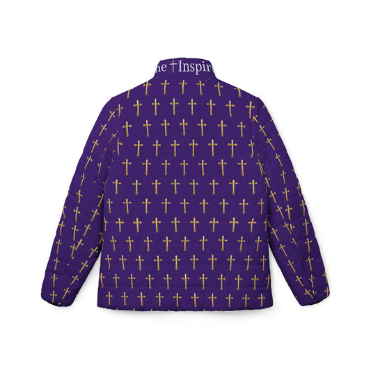 Golden Light Women’s Puffer Jacket in Purple – All-Over Cross Pattern