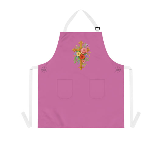 Floral Cross Christian Kitchen Apron in Pink – Faith & Beauty in Every Meal