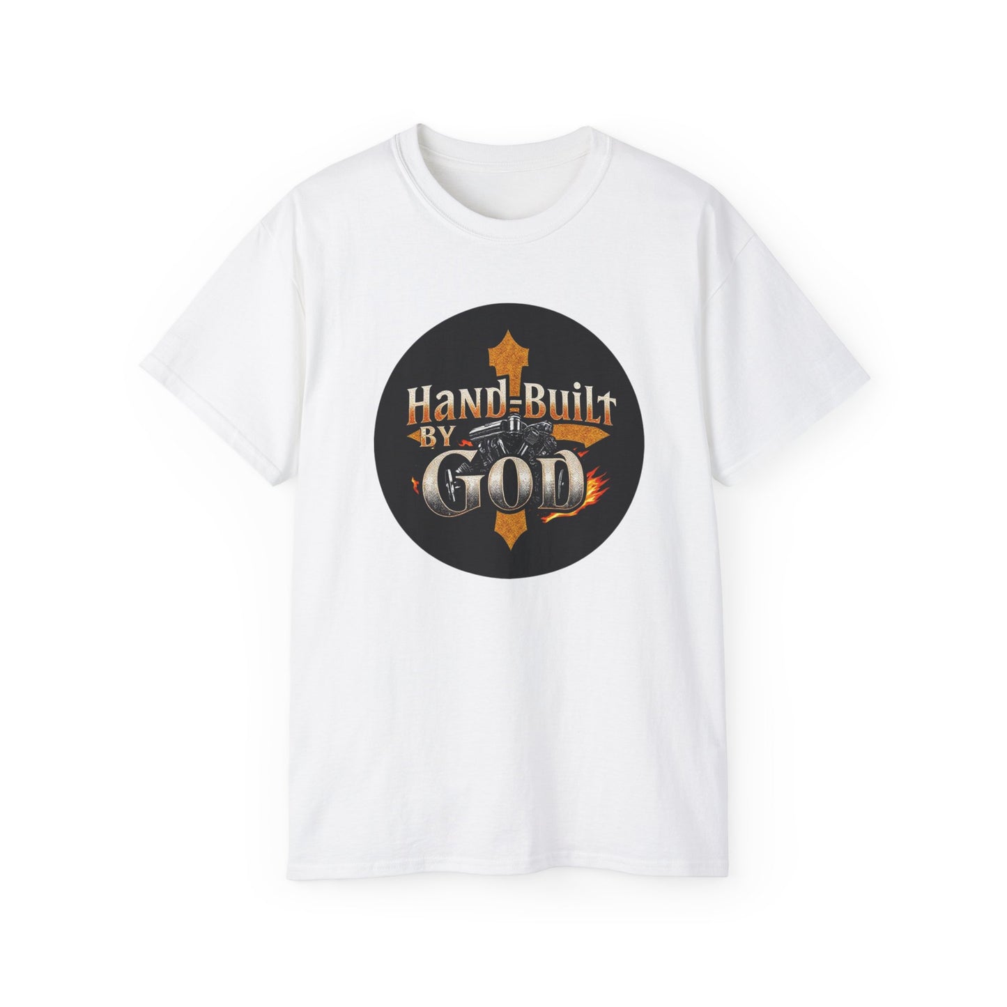 Hand Built by God Men’s Christian Tee – Cross & Engine Design