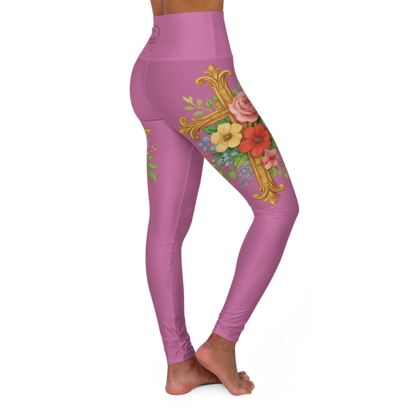 Floral Cross Graceful Fit High-Waisted Leggings in Light Pink - Christian Women's Apparel
