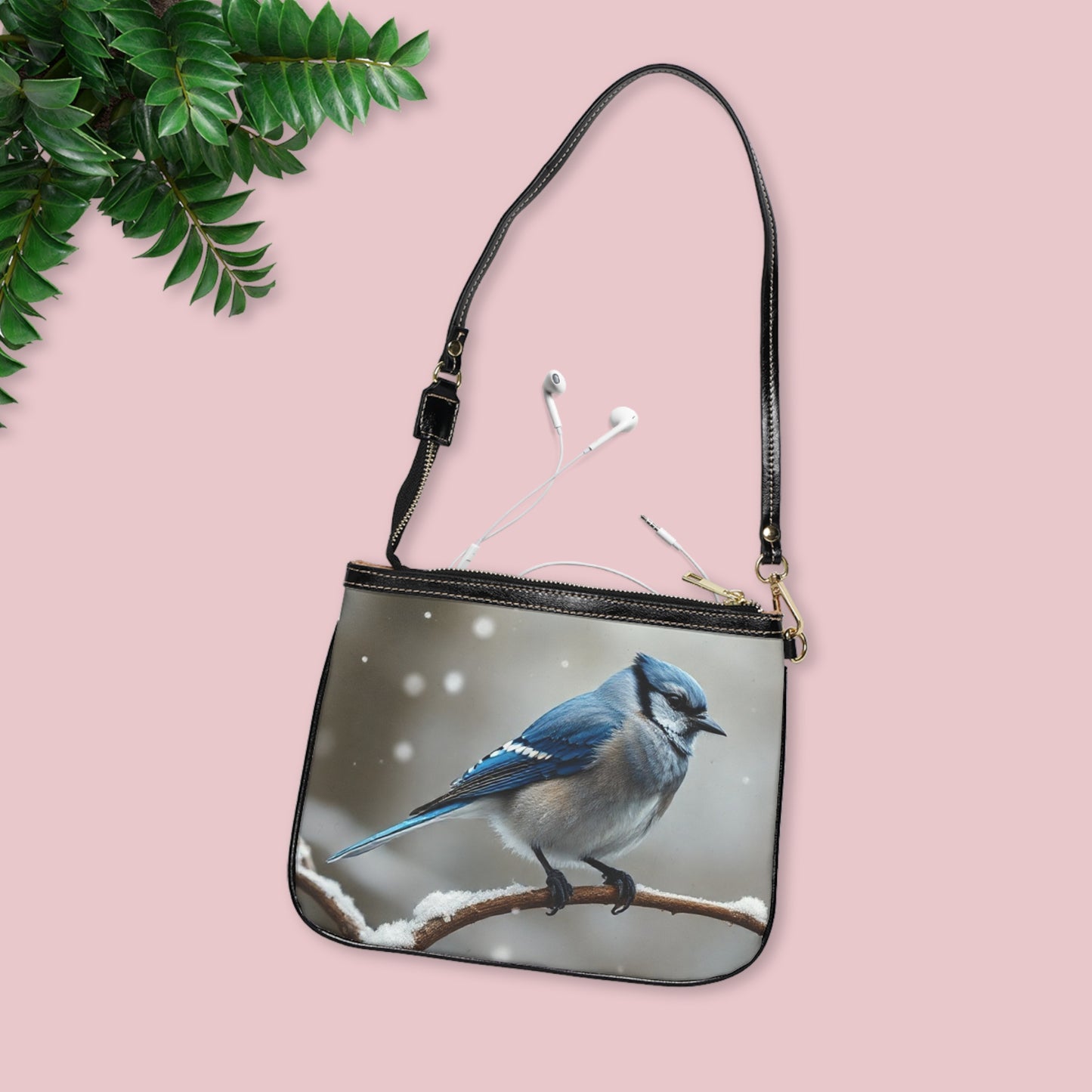 Winter Serenity Shoulder Bag – Blue Jay in Snow Scene