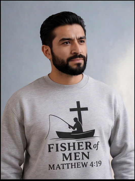 Man wearing a gray sweatshirt with a 'Fisher of Men' design and text.