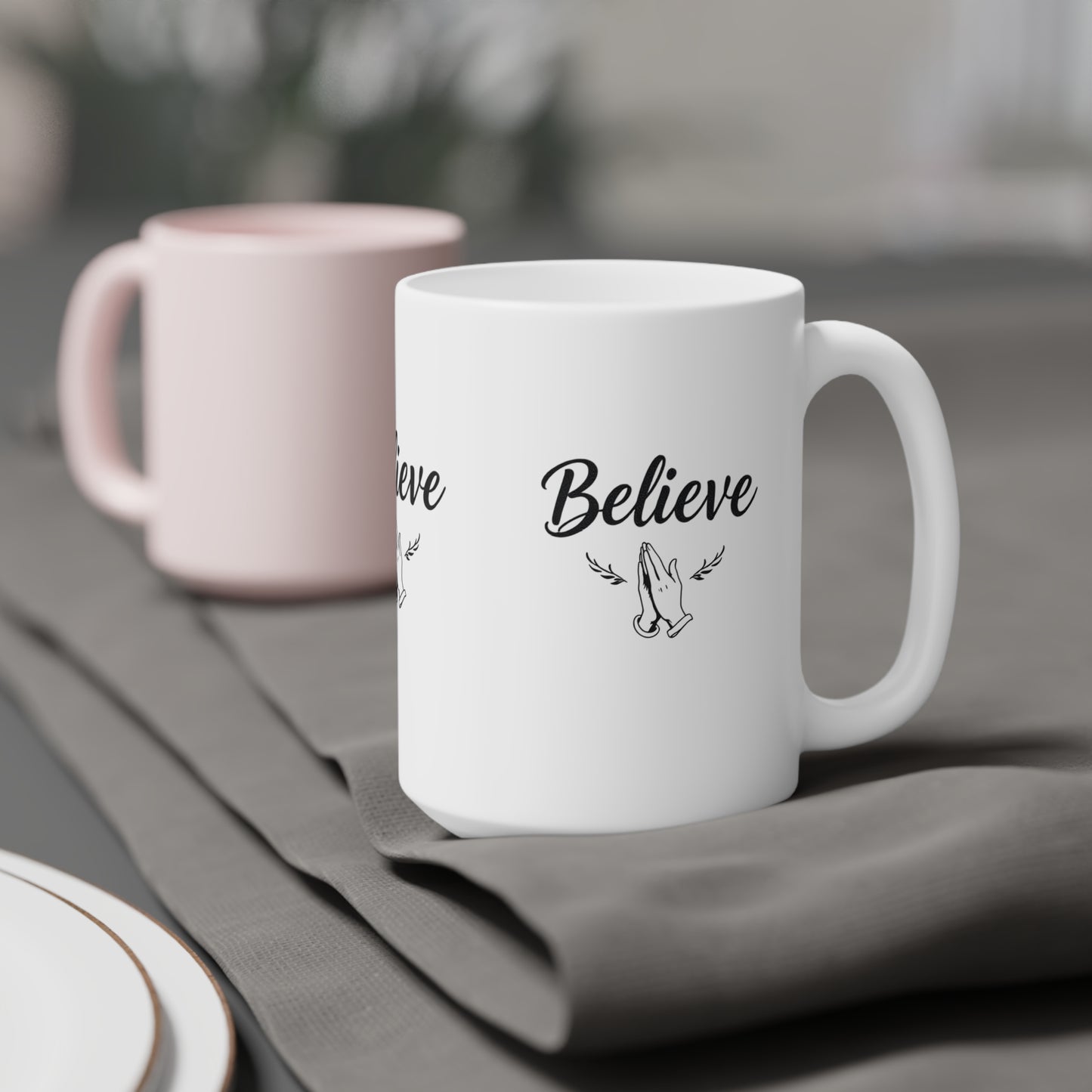 “Believe” Ceramic Mug – Prayer Hands Design