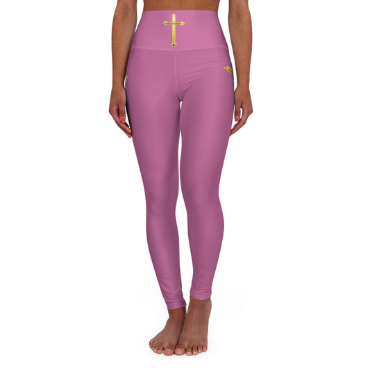 Gold Cross Women’s High-Waisted Yoga Leggings in Pink – Symbol of Eternal Victory