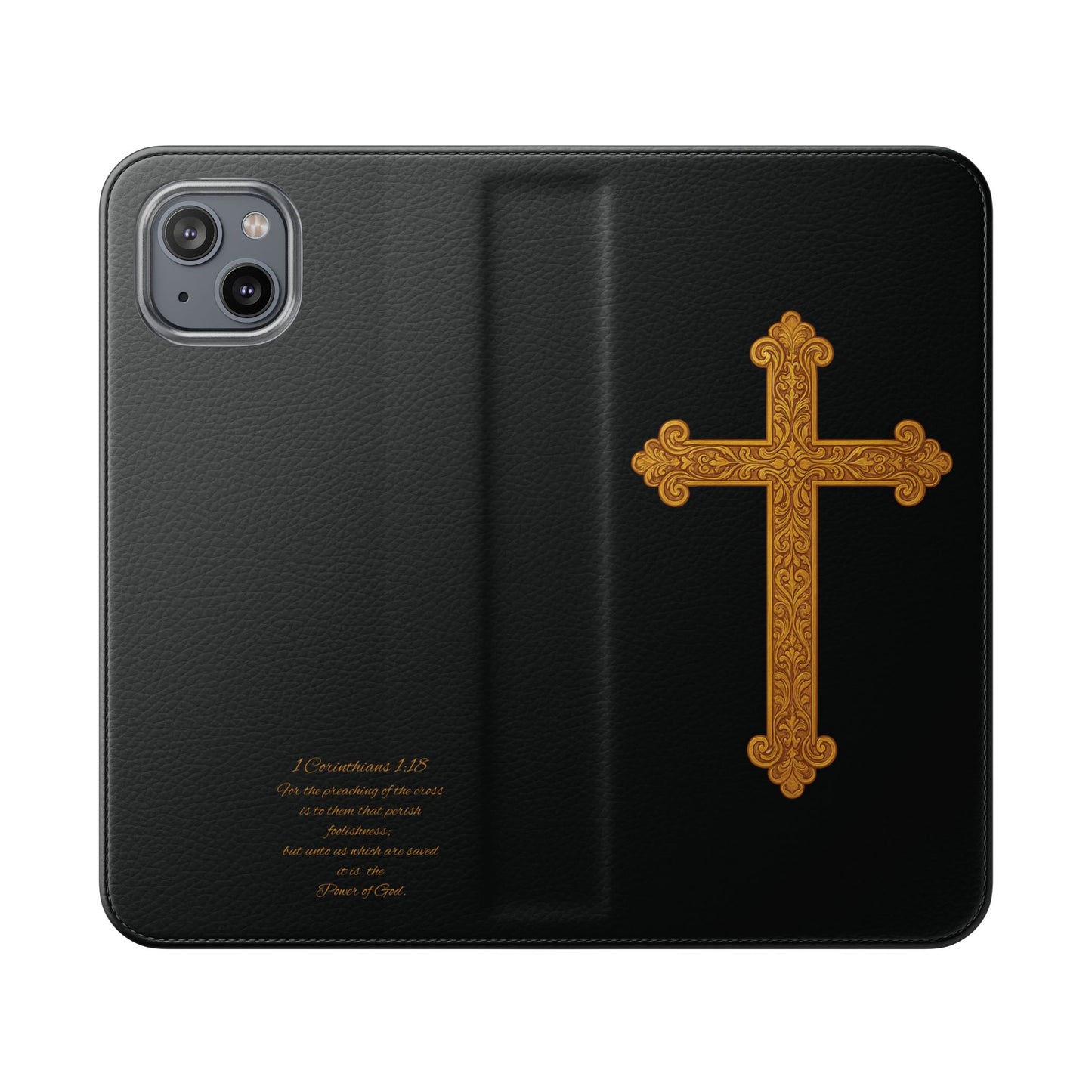 Black with Gold Cross & 1 Corinthians 1:18 - iPhone Flip/Wallet Phone Case