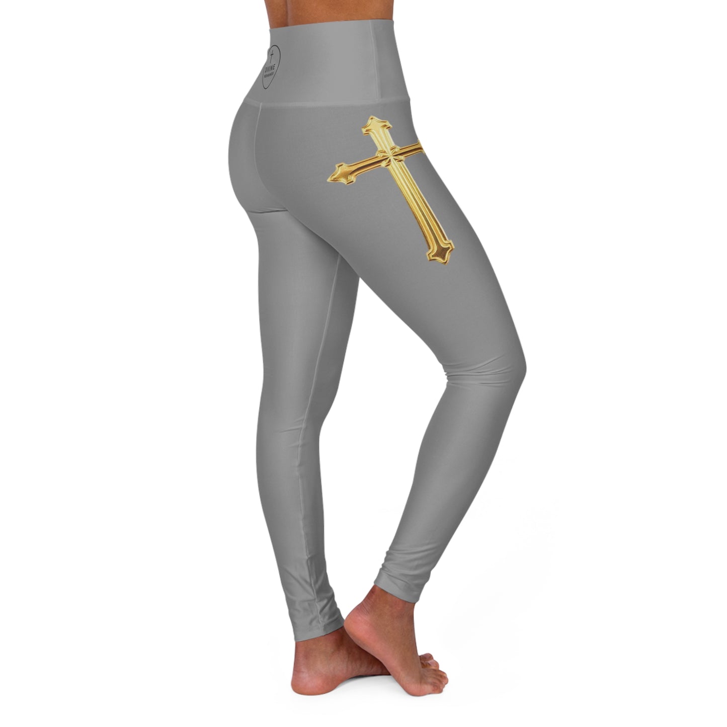 Gold Cross Women’s High-Waisted Yoga Leggings in Grey – Symbol of Eternal Victory