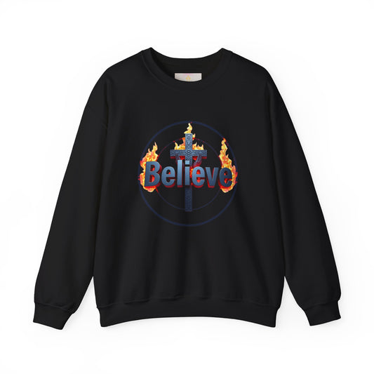 'Believe' Christian Sweatshirt – Bold Faith Pullover with Cross