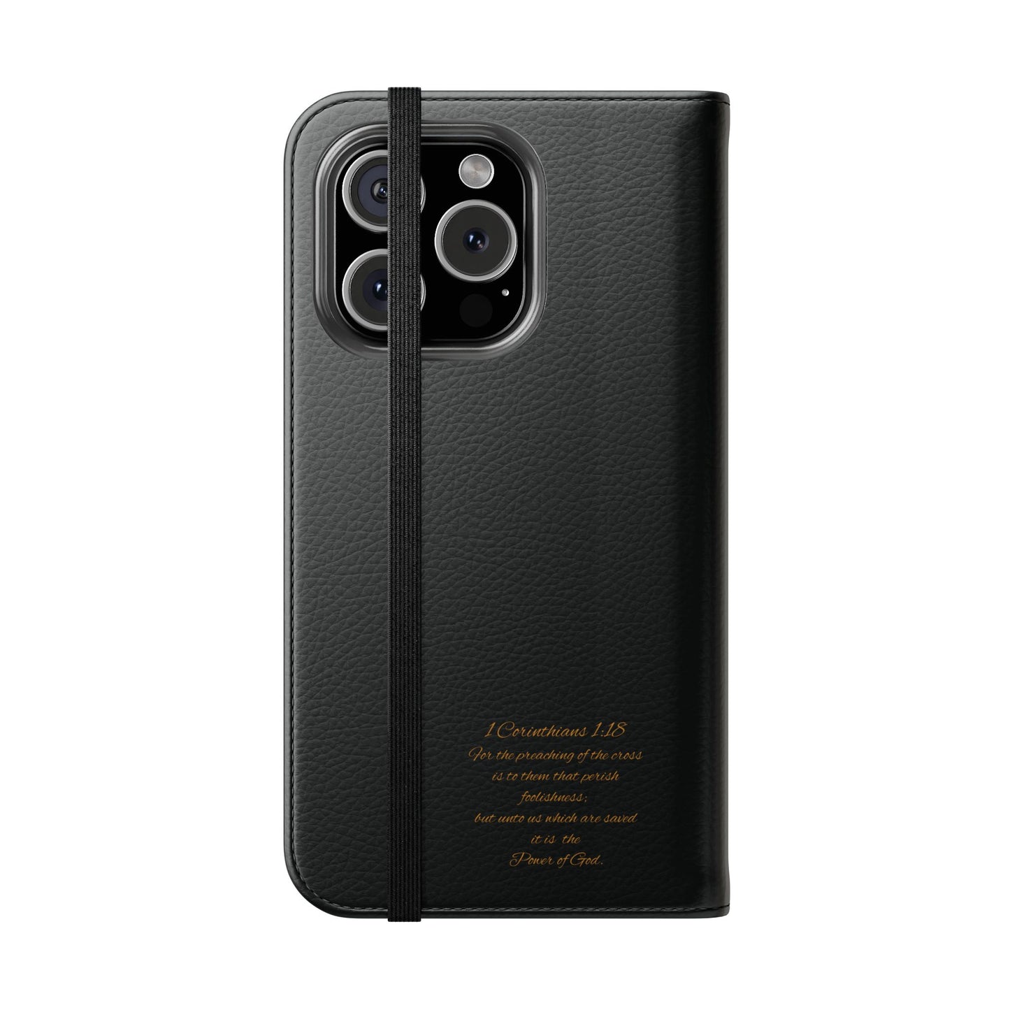Black with Gold Cross & 1 Corinthians 1:18 - iPhone Flip/Wallet Phone Case