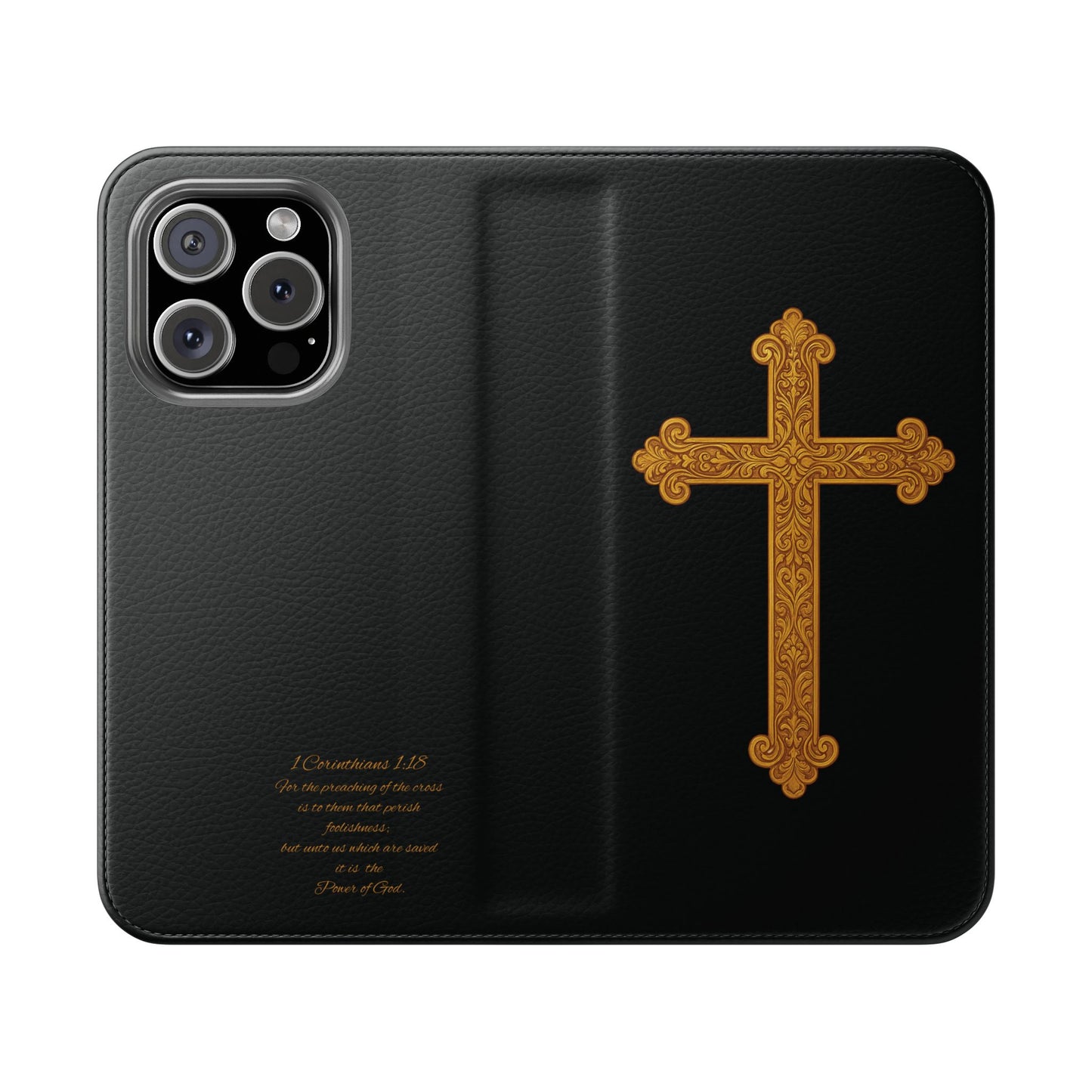 Black with Gold Cross & 1 Corinthians 1:18 - iPhone Flip/Wallet Phone Case