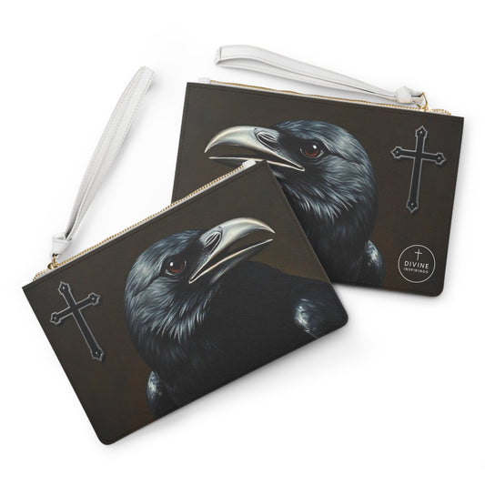Faith & Shadow Clutch – Black Cross with Crow Portrait