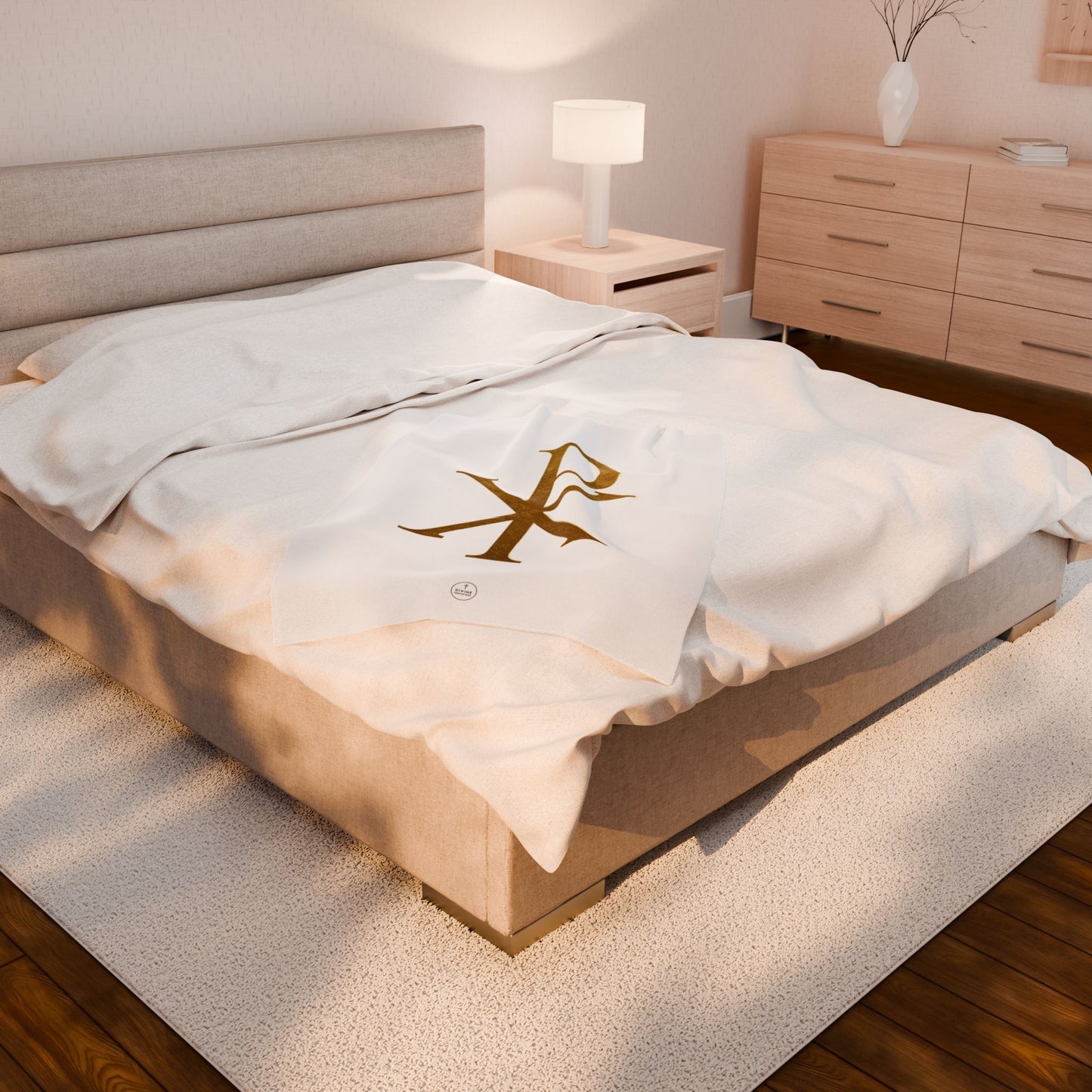 Radiant Faith Plush Blanket – Gold Chi Rho on White