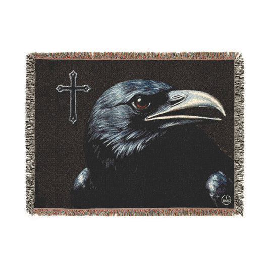 Divine Watcher Crow & Cross Woven Blanket – Bold Spiritual Decor