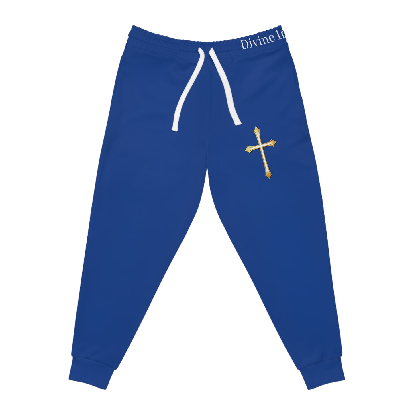 Men’s Modern Gold Cross Jogger Pants in Blue – Comfortable Faith-Inspired Style