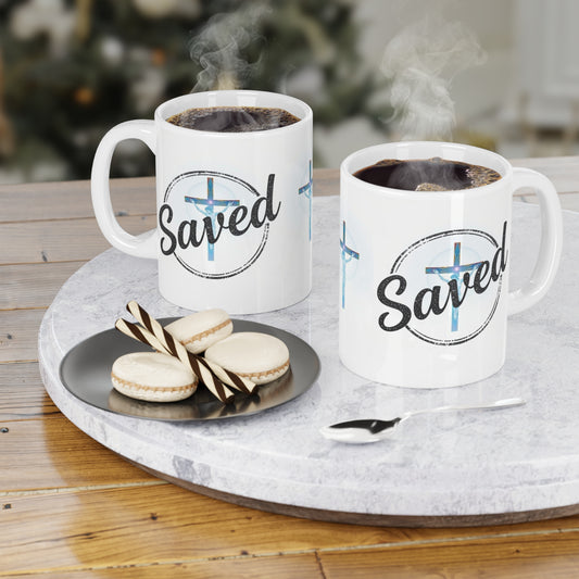'Saved' Christian Cross Mug – 11oz & 15oz Grace & Salvation Ceramic Cup