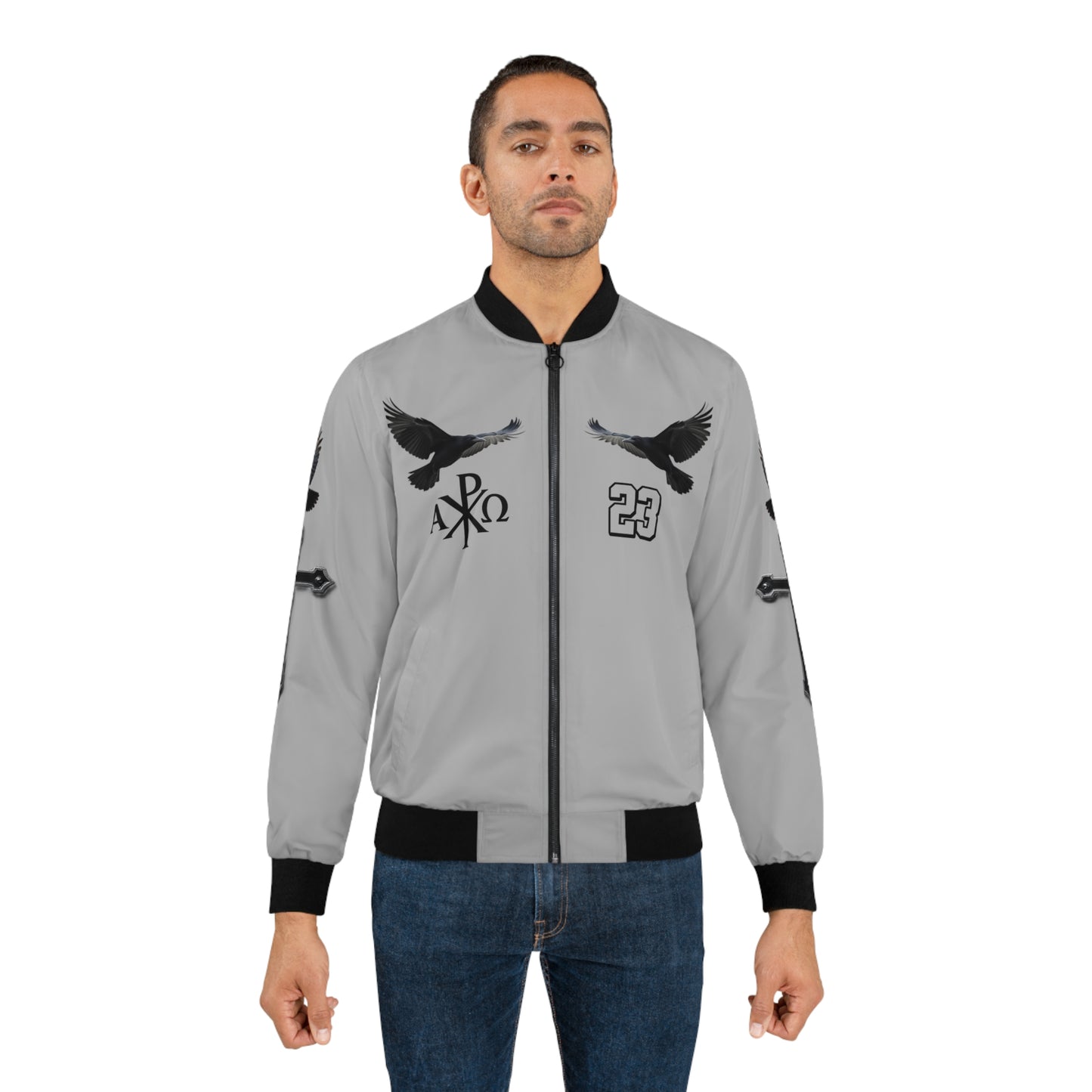 Faithful Guardians – Cross & Crows Men’s Bomber Jacket in Grey
