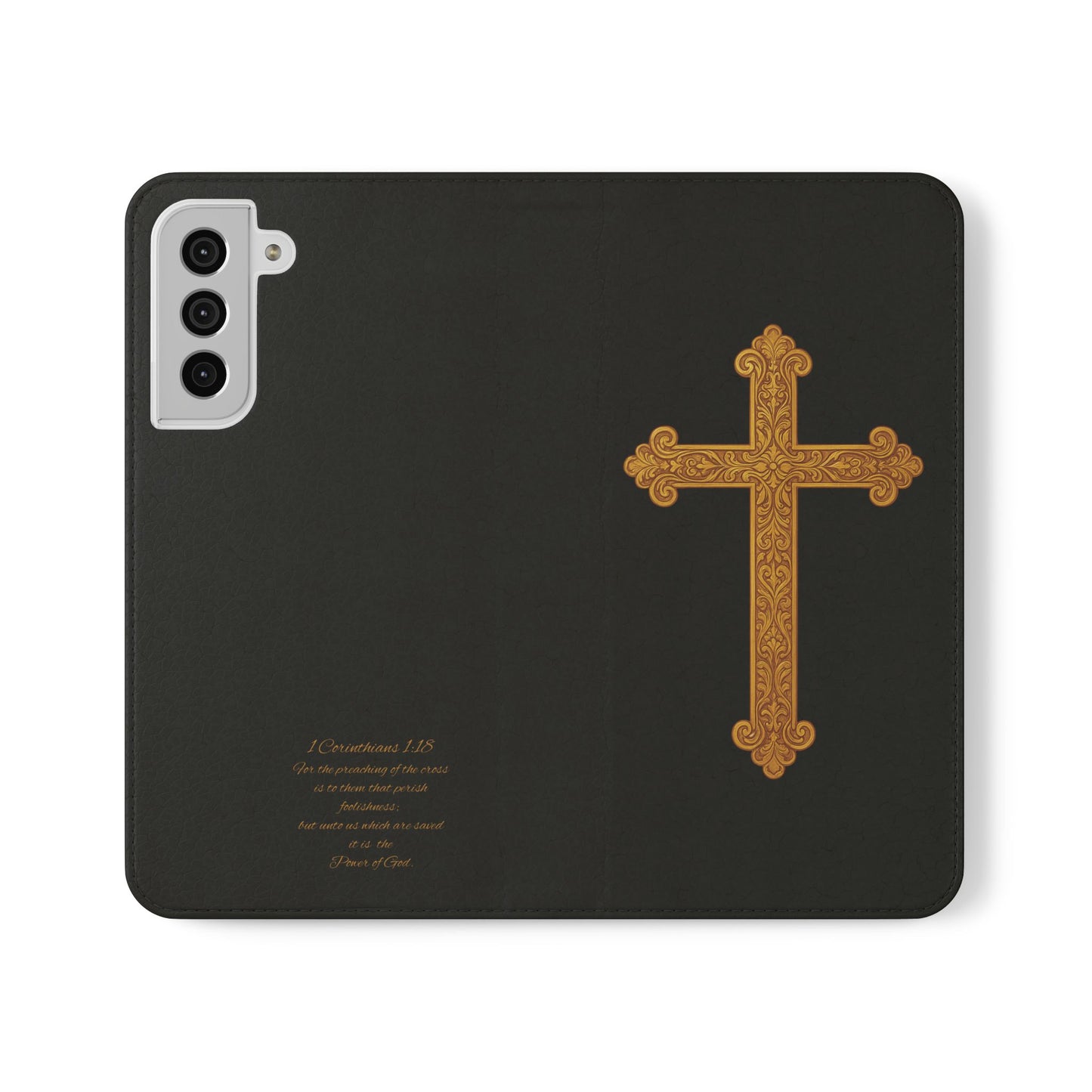 Black with Gold Cross & 1 Corinthians 1:18 - Samsung Flip/Wallet Phone Case