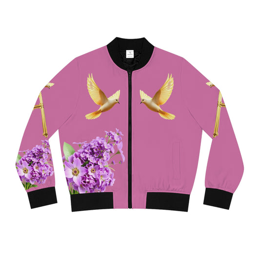 Heavenly Ascent – Gold Cross & Doves Women’s Bomber Jacket in Pink