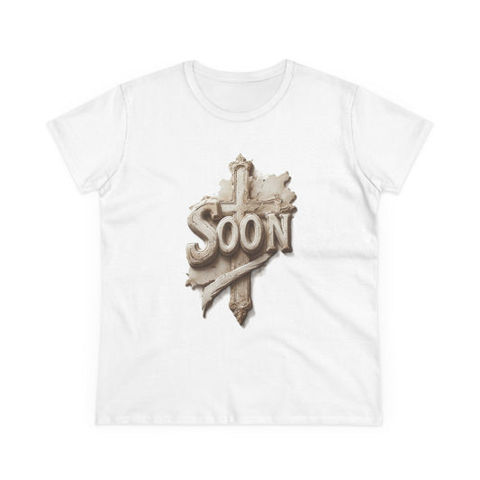 “Soon” Cross Women’s Christian Tee – Bold Faith Made Beautiful