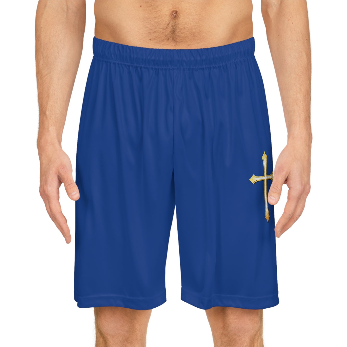 Men’s Modern Gold Cross Basketball Shorts in Blue – Sleek Faith-Inspired Design