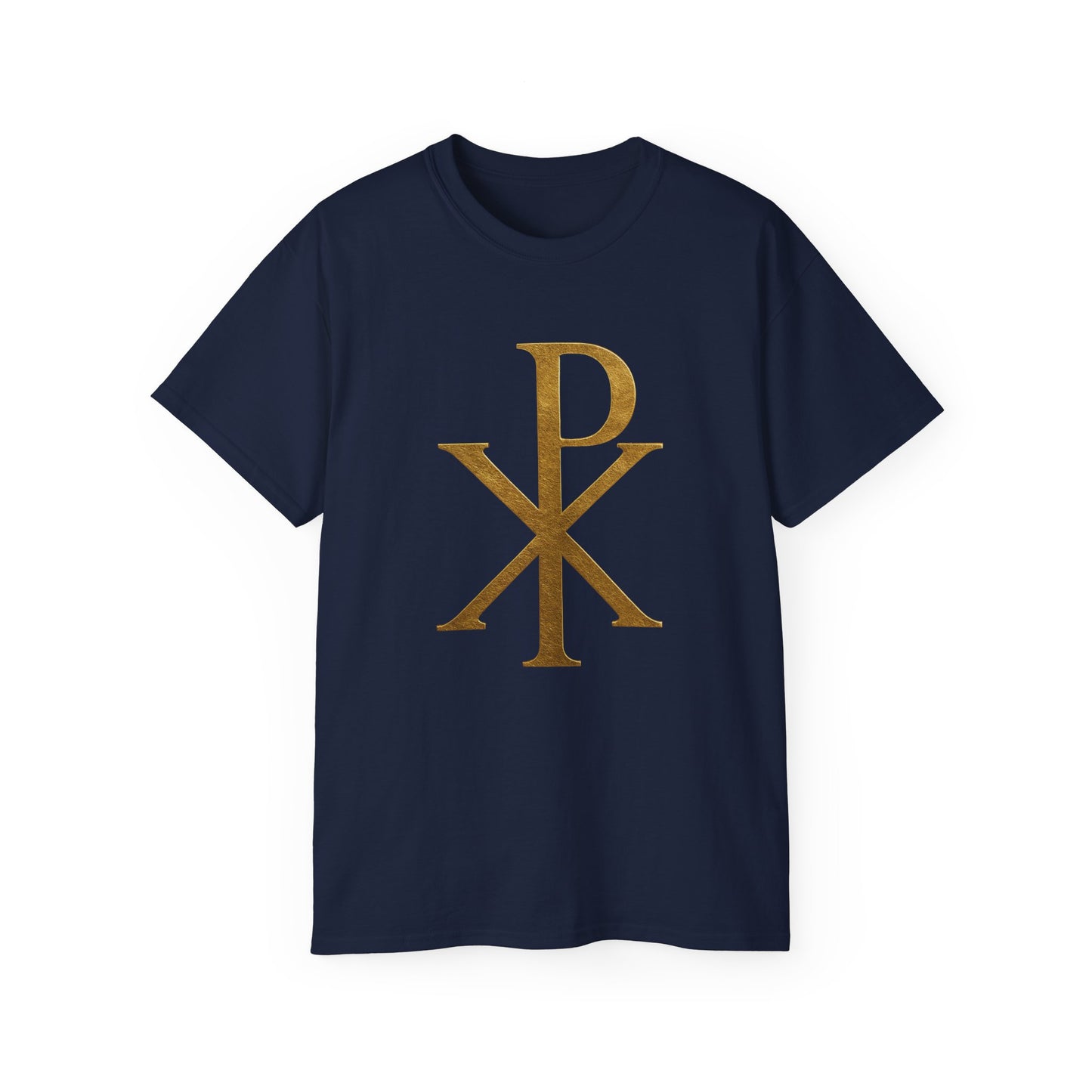 Men’s Christian T-Shirt with Gold Chi Rho – Elegant Faith Symbol Tee