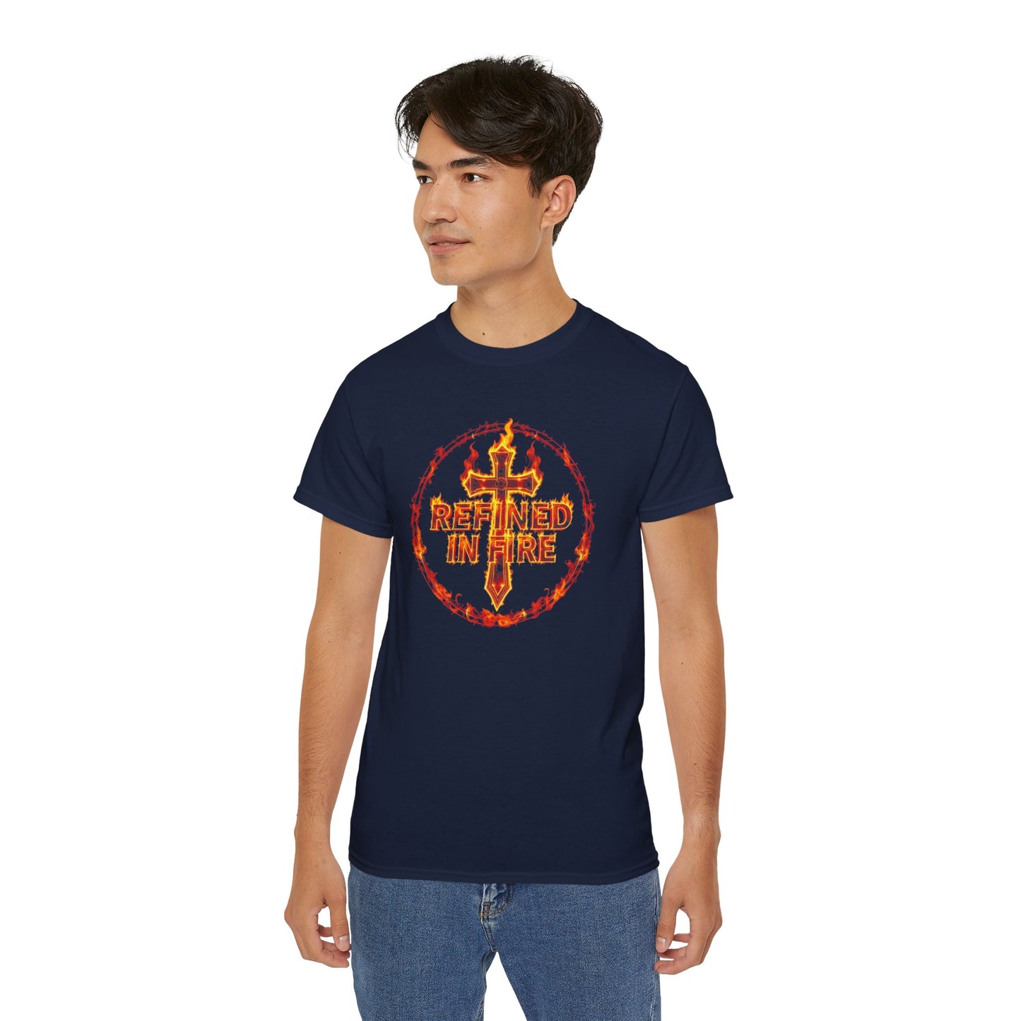 Men’s “Refined in Fire” Christian T-Shirt – Flame Text Spiritual Strength Tee