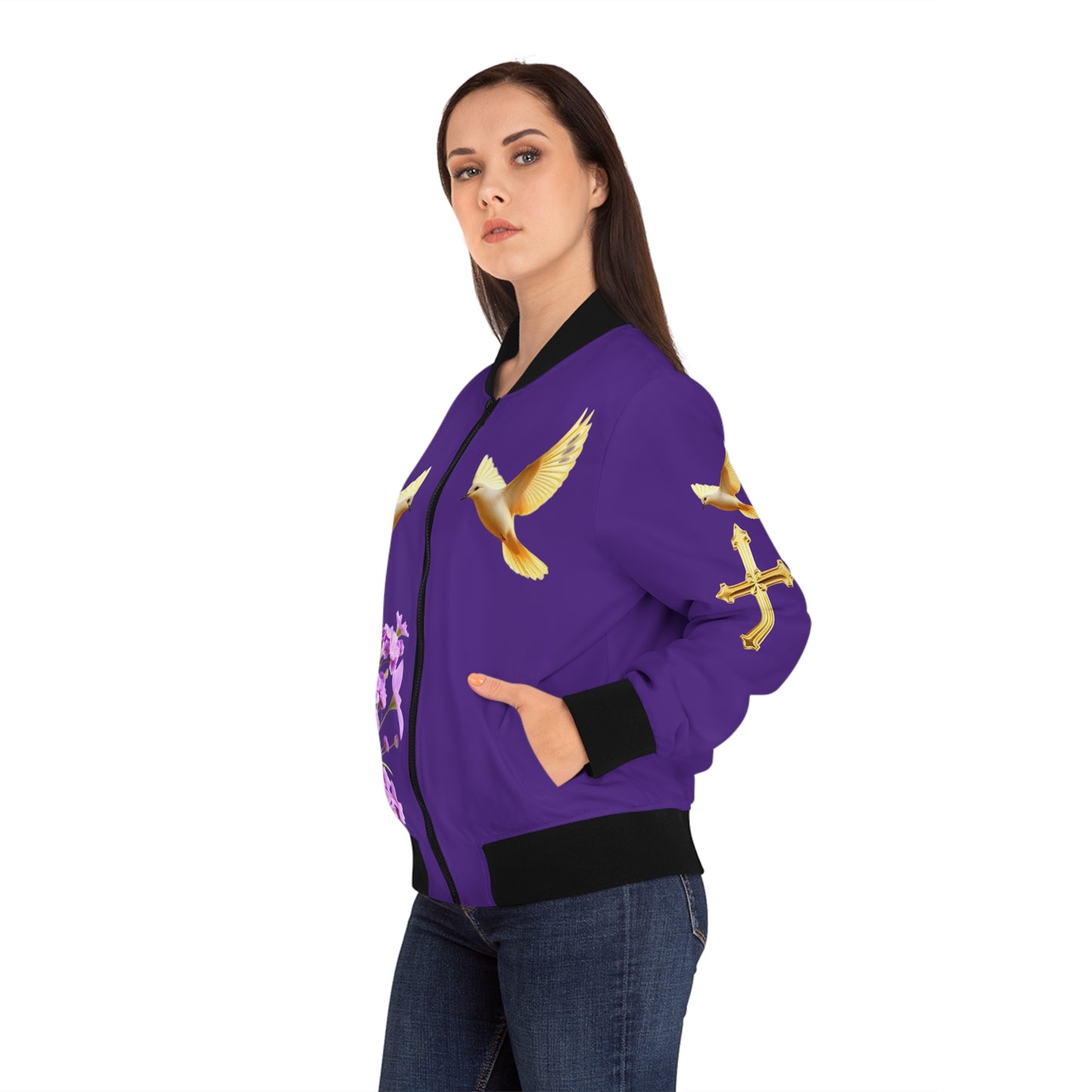 Heavenly Ascent – Gold Cross & Doves Women’s Bomber Jacket in Purple