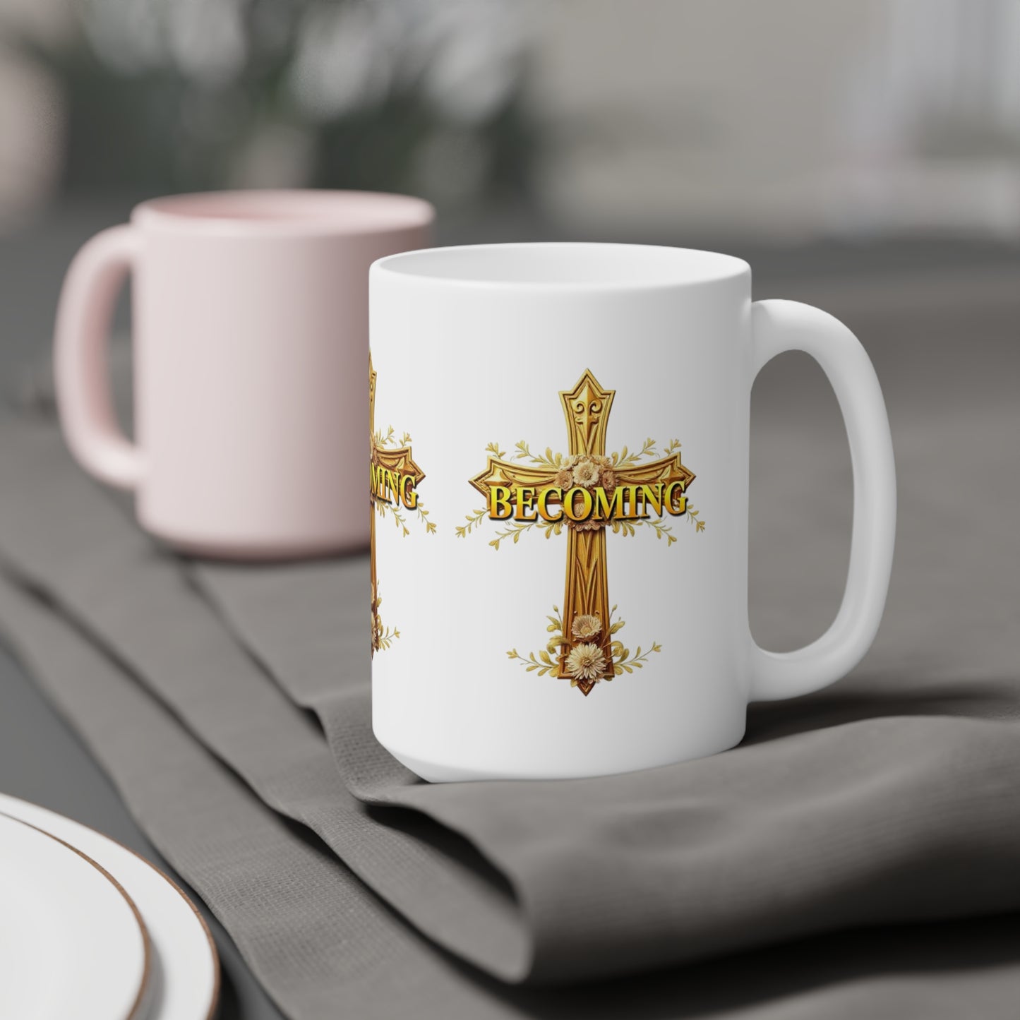 “Becoming” Ceramic Mug – Ornate Cross Design
