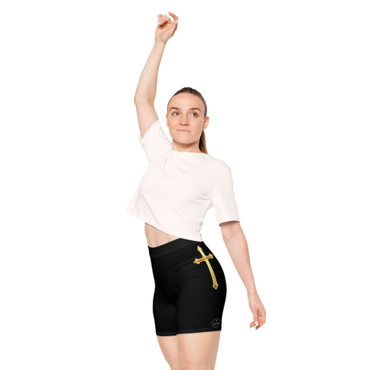 Gold Cross Women’s Biking Shorts in Black – Symbol of Eternal Victory