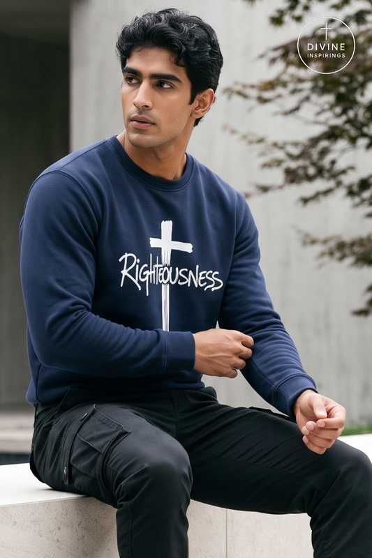 A man wearing a navy blue long-sleeve crewneck sweatshirt with a white cross and 'Righteousness' graphic, paired with black cargo pants, sitting outdoors.
